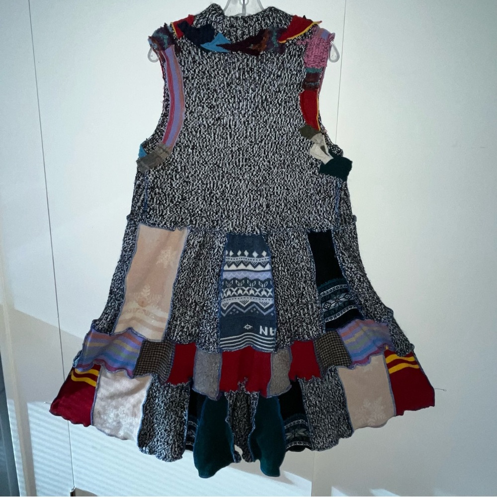 Upcycled Sweater Vest Long Cardi Boho Hippie Tiered Pixie Patchwork Cottage Core - Picture 11 of 14